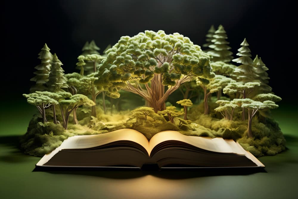 a beautiful, magical glowing green forest behind an open book